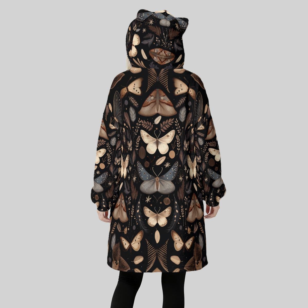 Wearable Blanket Hoodie with Cat Ears, Moth Butterfly Print, Dark Cottagecore Gift