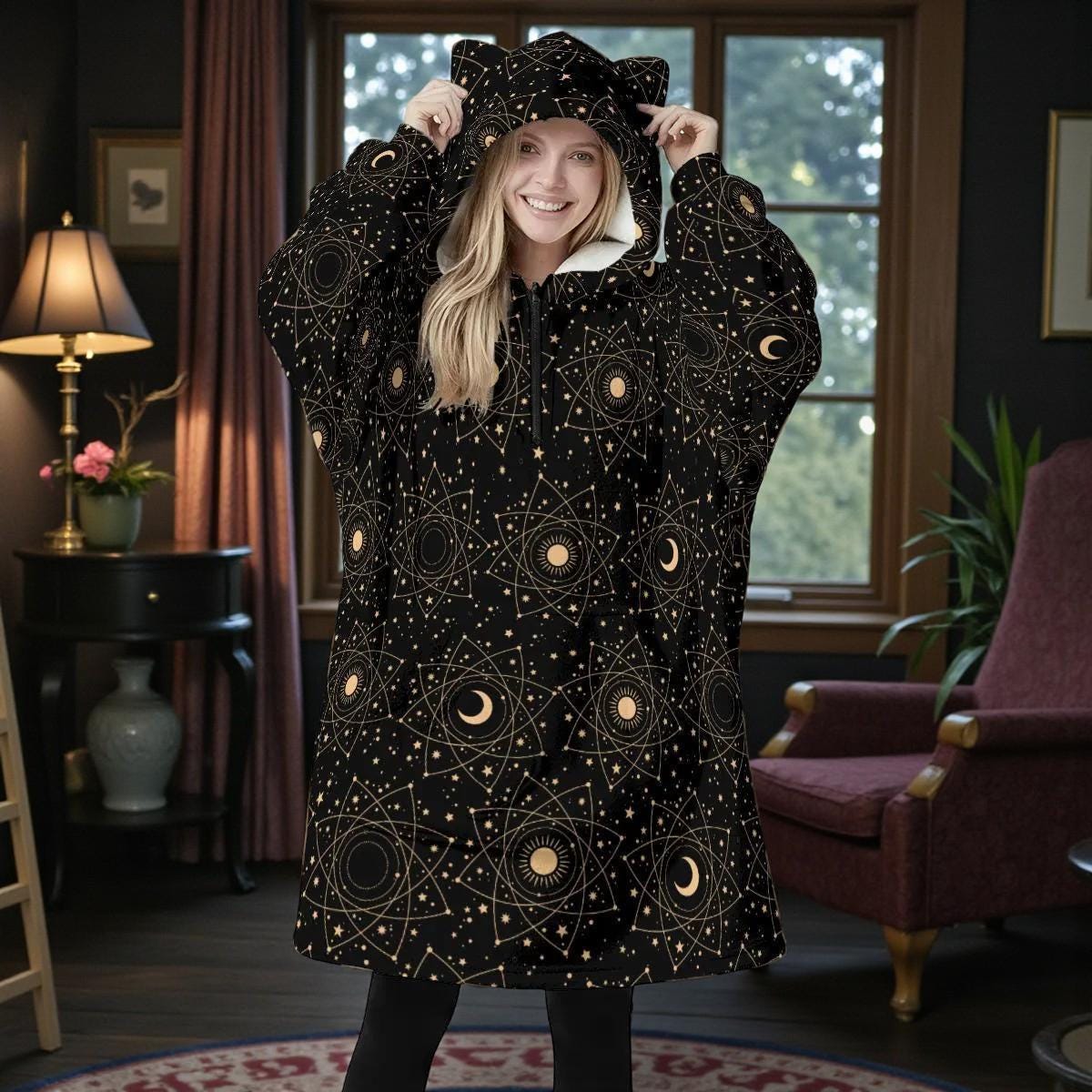 Wearable Blanket Hoodie, Cat Ear Lounge Dress, Starry Moon Hooded Housewear