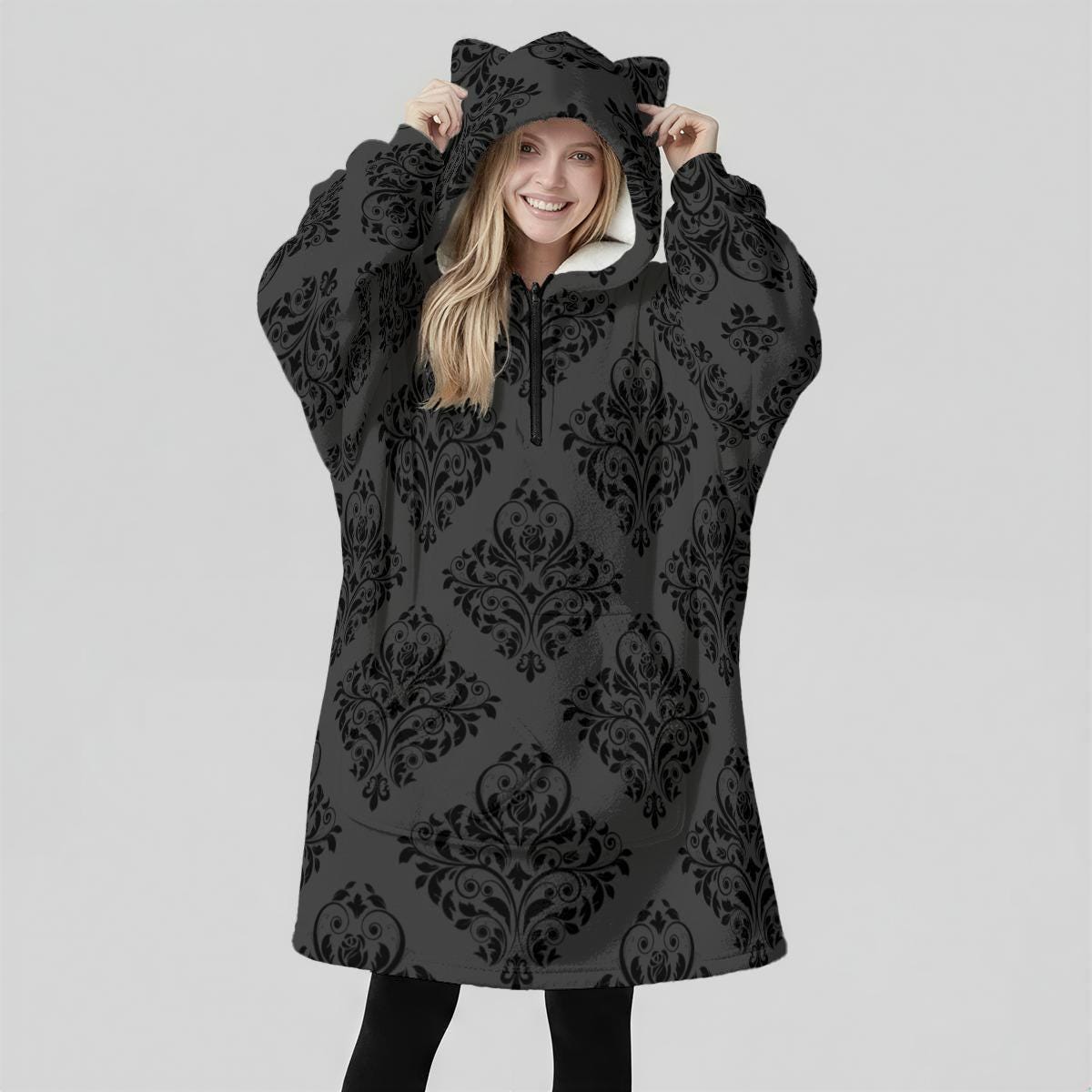 Cat Ear Wearable Blanket Hoodie, Goth Damask Lounger, Cozy Reading Hooded Blanket