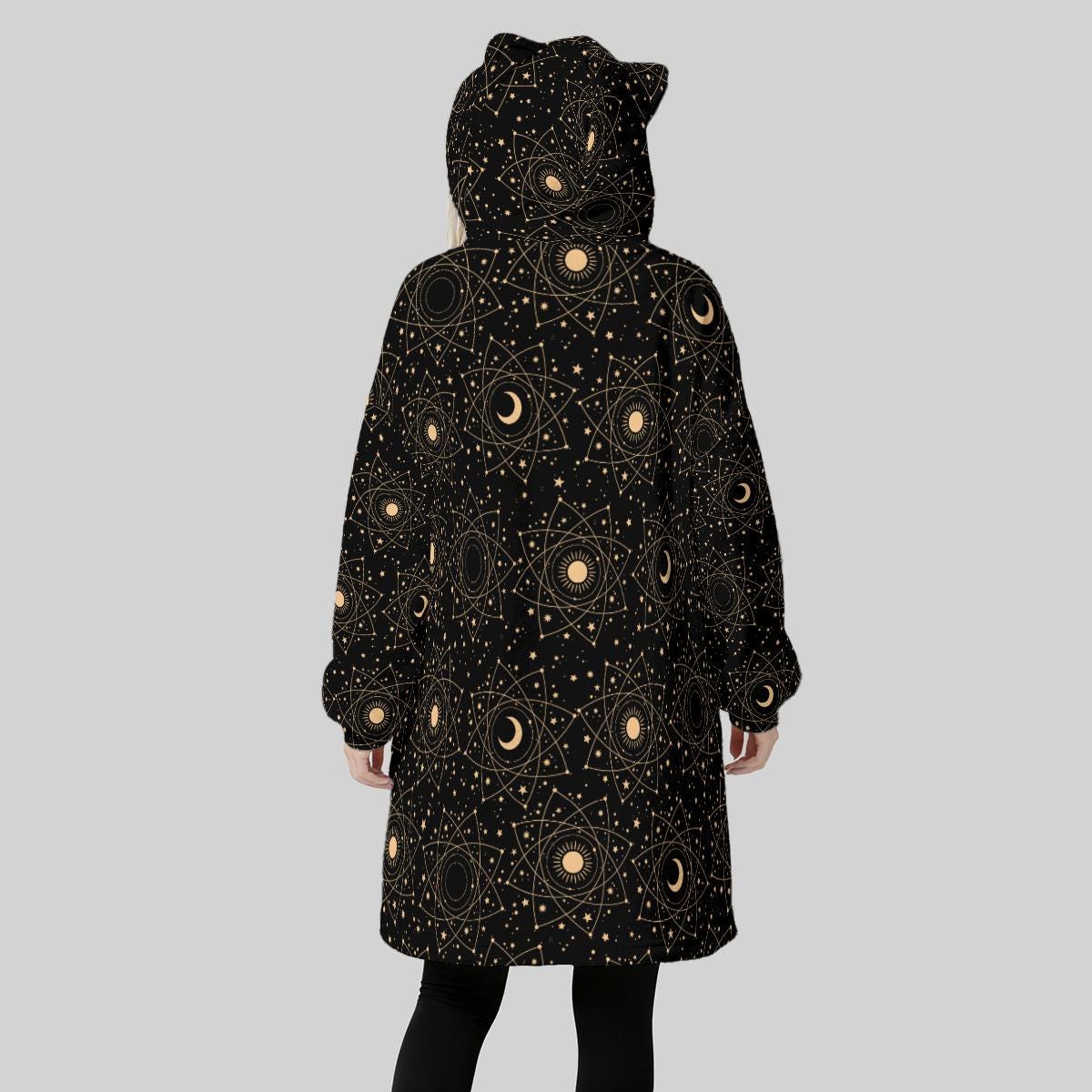 Wearable Blanket Hoodie, Cat Ear Lounge Dress, Starry Moon Hooded Housewear