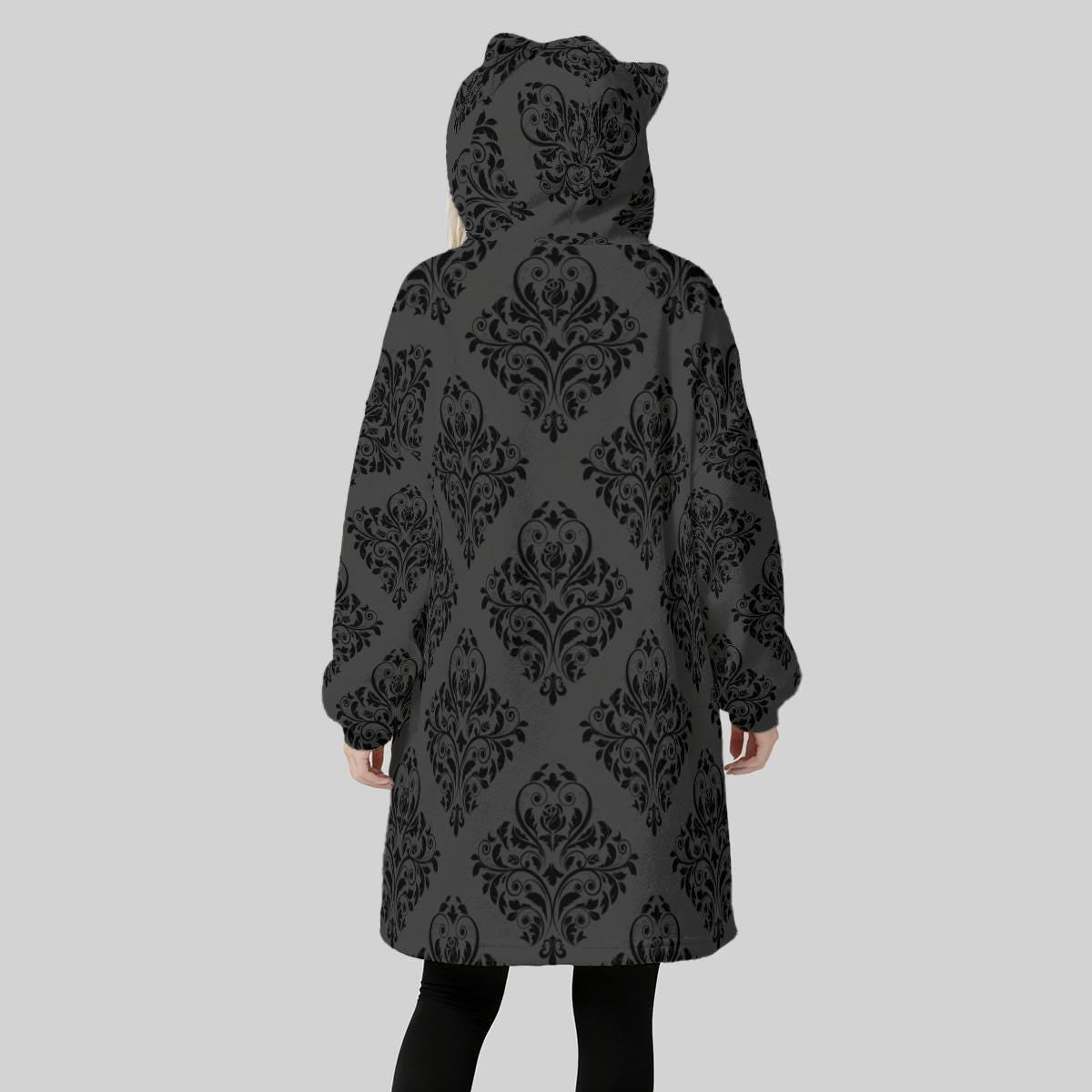 Cat Ear Wearable Blanket Hoodie, Goth Damask Lounger, Cozy Reading Hooded Blanket