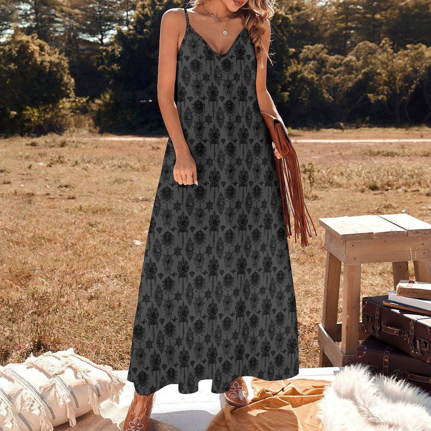 Gothic Slip Dress, Gray Damask Maxi Sundress, Dark Academia Summer Dress