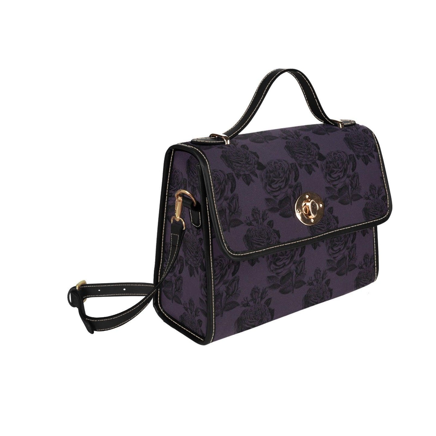 Dark Floral Handbag, Purple Rose Top Handle Purse, Victorian Satchel Bag
