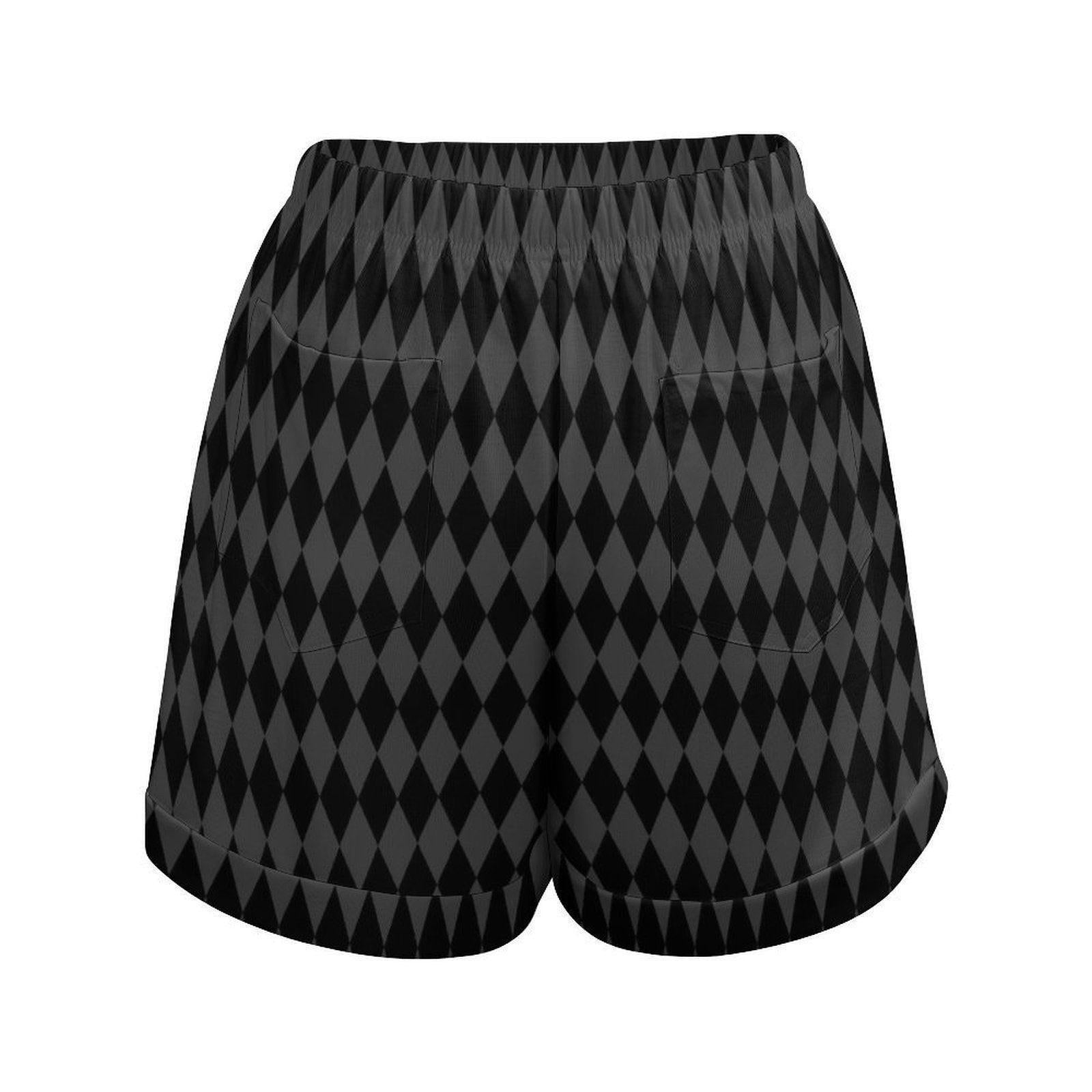 Black Harlequin Lounge Shorts, Goth Pajama Shorts, Diamond Print Sleep Shorts