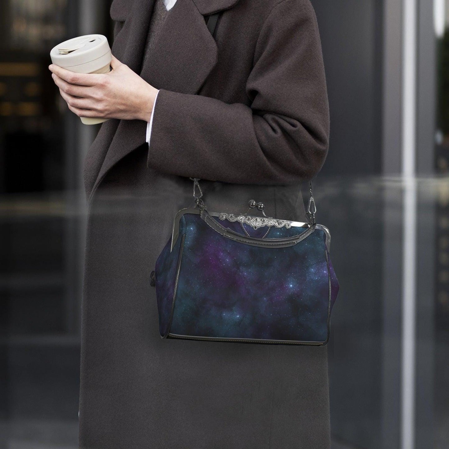 Celestial Galaxy Kisslock Handbag, Nebula Frame Purse, Starry Night Top Handle Bag