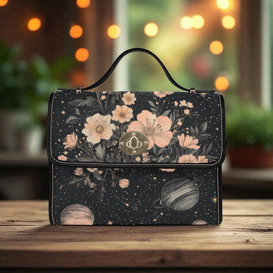 Celestial Floral Handbag, Planet Print Top Handle Purse, Dark Academia Satchel Bag