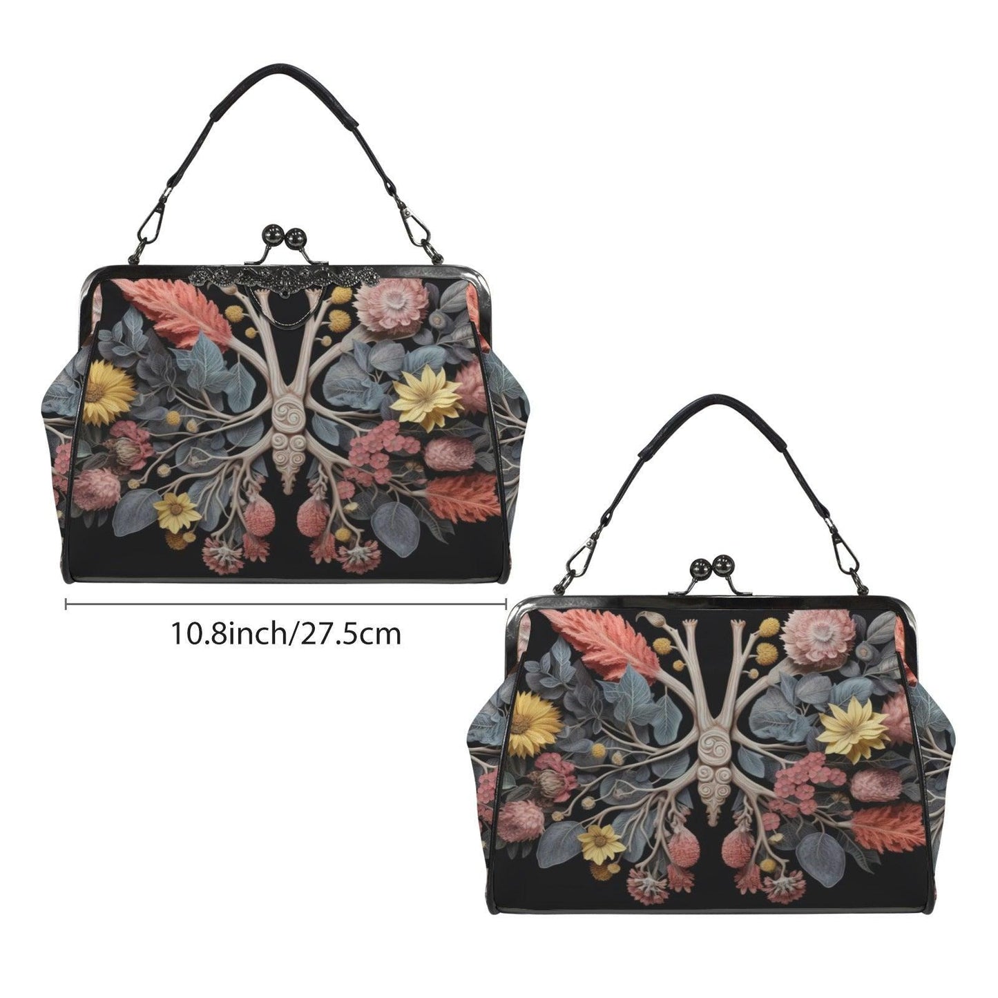 Botanical anatomy purse, dark floral kisslock bag, vintage frame handbag, witchy top handle, statement evening shoulder bag