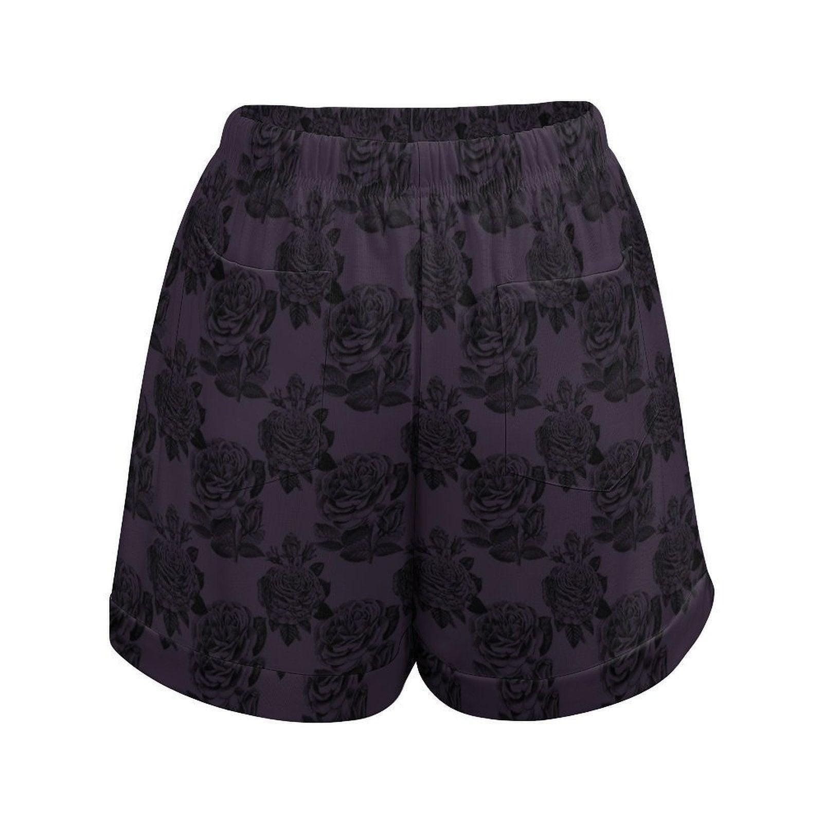 Rose Pajama Shorts for Women, Cottage Goth Sleep Shorts, Soft Drawstring Loungewear