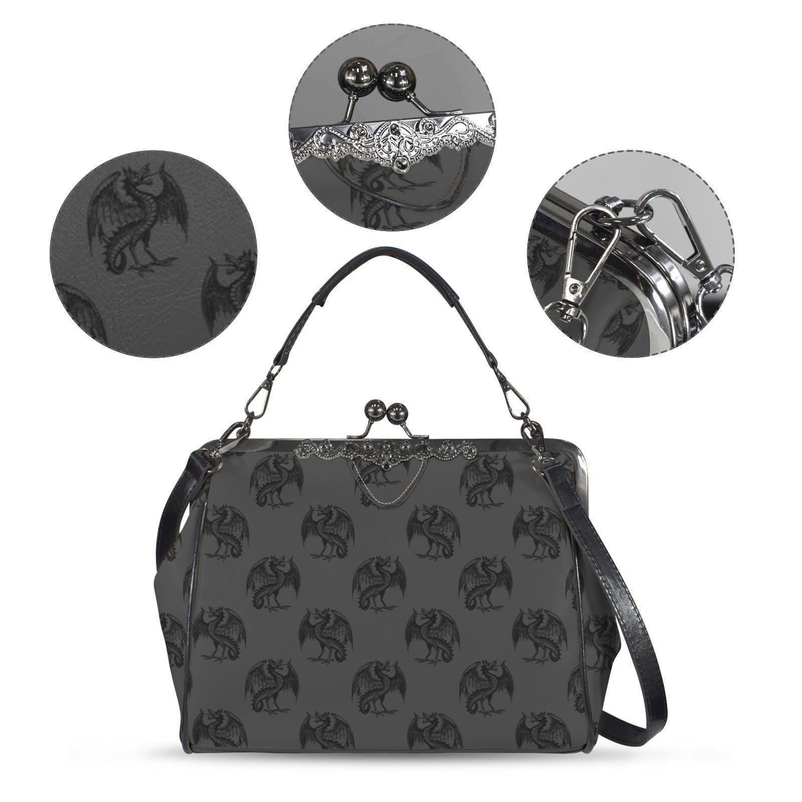 Dragon Kiss Lock Purse, Fantasy Gothic Handbag, Gray Mythical Creature Bag