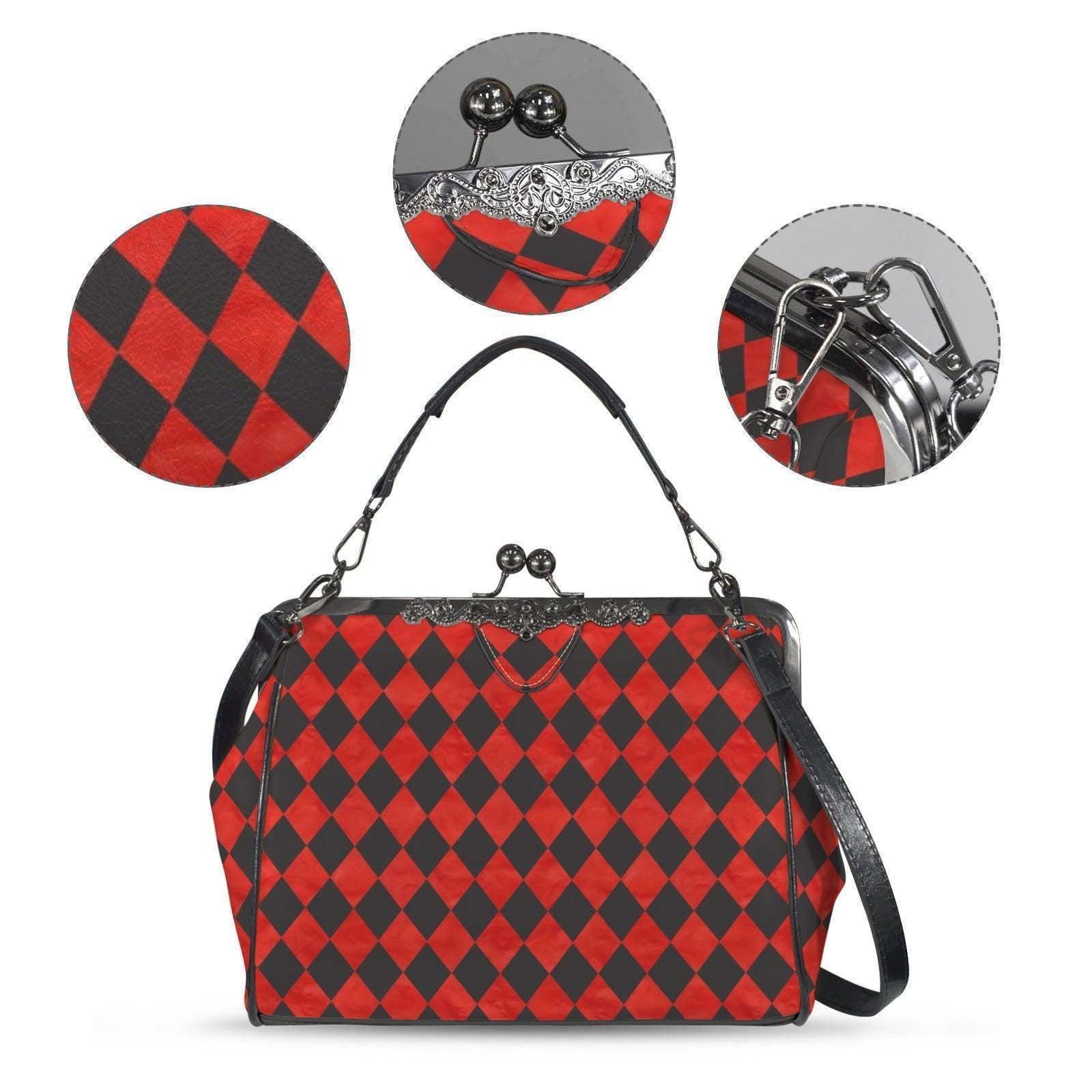 Red Black Harlequin Kisslock Handbag, Diamond Frame Purse, Queen Hearts Inspired Top Handle Bag, Wonderland Crossbody Party Purse