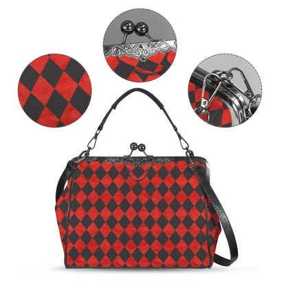 Red Black Harlequin Kisslock Handbag, Diamond Frame Purse, Queen Hearts Inspired Top Handle Bag, Wonderland Crossbody Party Purse