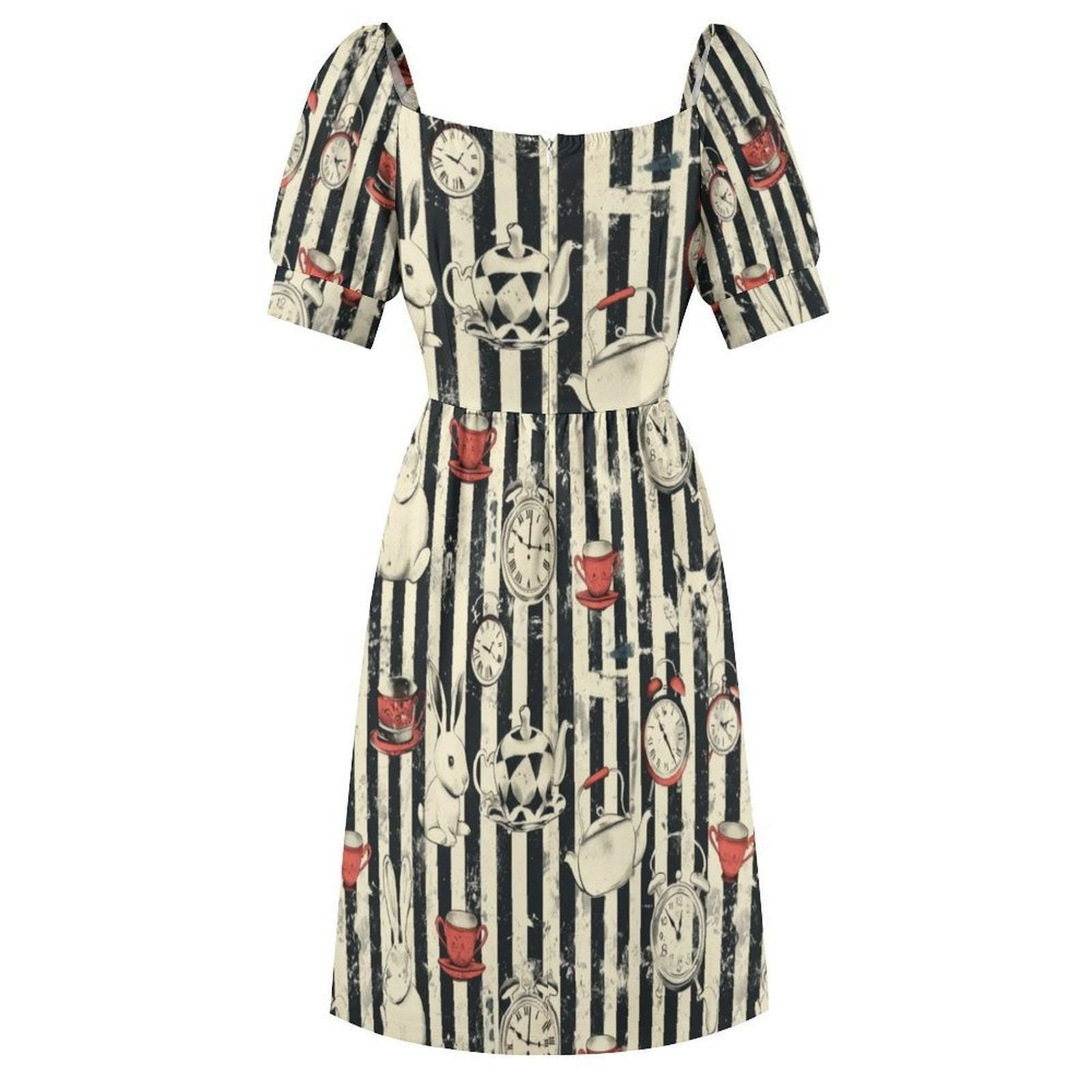 Wonderland Rabbit Midi Dress, Tea Party Clock Print, Striped Puff Sleeve Fantasy Dress, Vintage Storybook Style