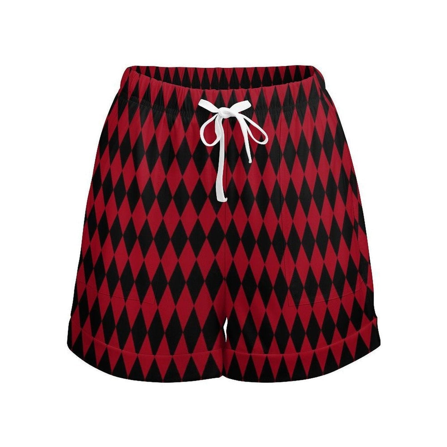 Harlequin lounge shorts, red black diamond shorts, clowncore summer outfit
