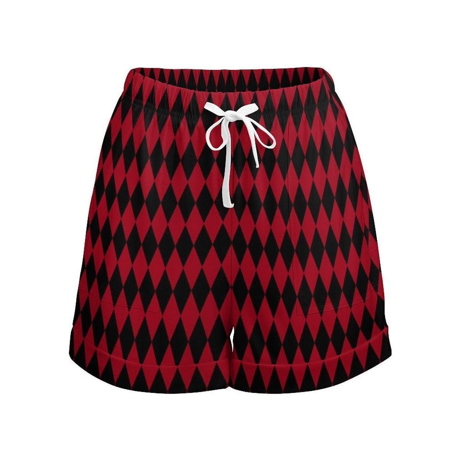 Harlequin lounge shorts, red black diamond shorts, clowncore summer outfit