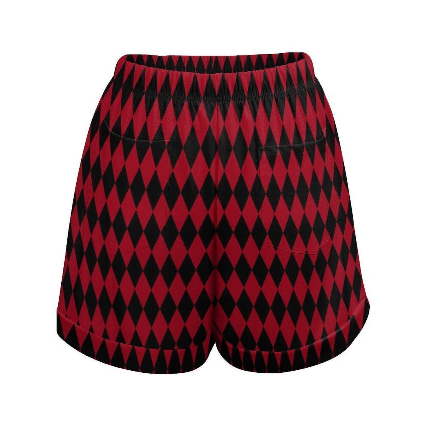 Harlequin lounge shorts, red black diamond shorts, clowncore summer outfit