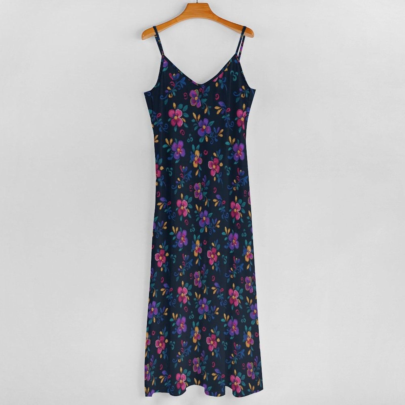 Folk Floral Maxi Dress, Boho Cami Sundress, Colorful Cottagecore Summer Dress