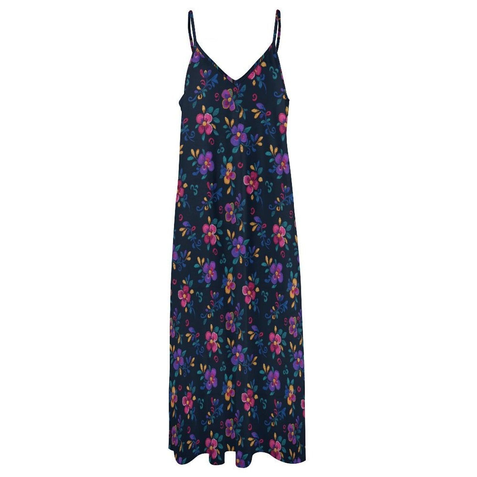 Folk Floral Maxi Dress, Boho Cami Sundress, Colorful Cottagecore Summer Dress