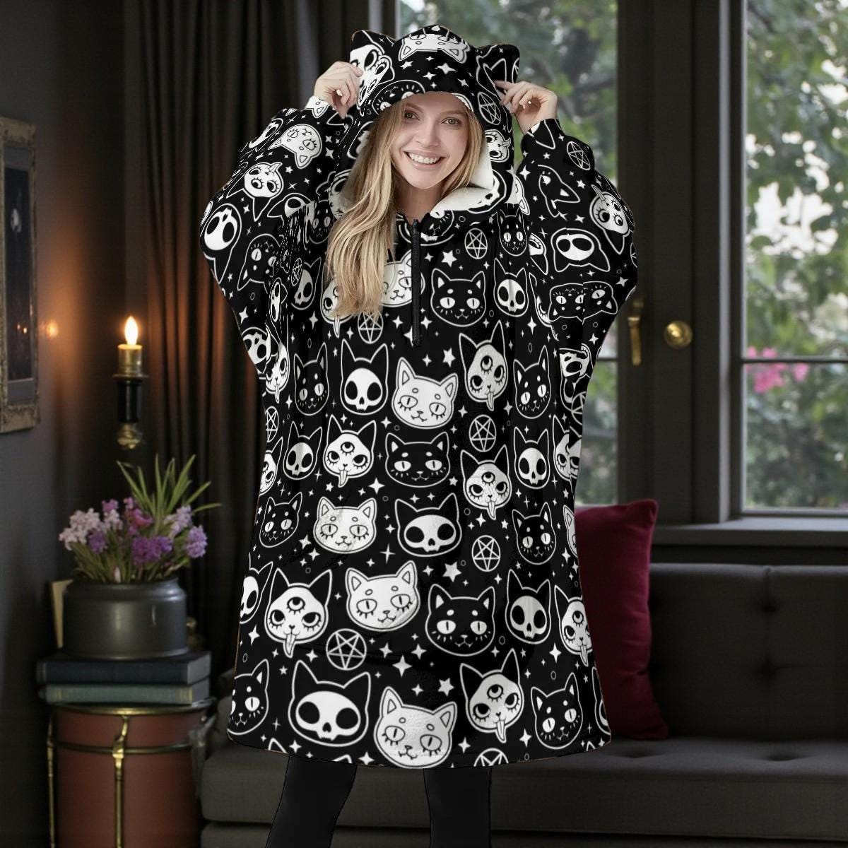 Wearable Blanket Hoodie, Cat Ear Hooded Blanket, Gothic Cat Loungewear Gift