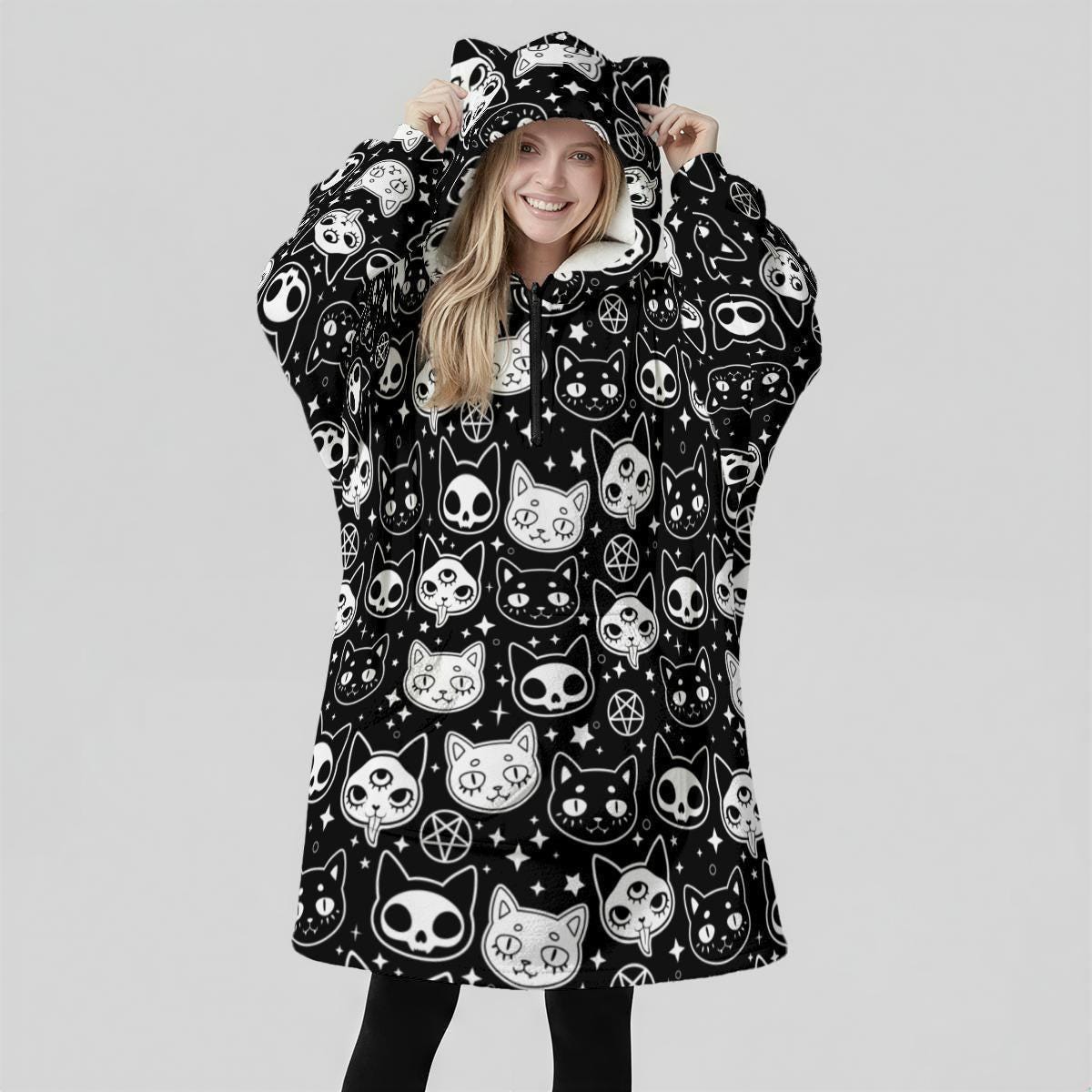 Wearable Blanket Hoodie, Cat Ear Hooded Blanket, Gothic Cat Loungewear Gift