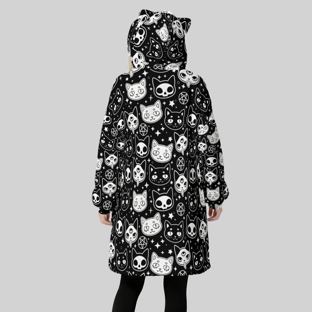 Wearable Blanket Hoodie, Cat Ear Hooded Blanket, Gothic Cat Loungewear Gift
