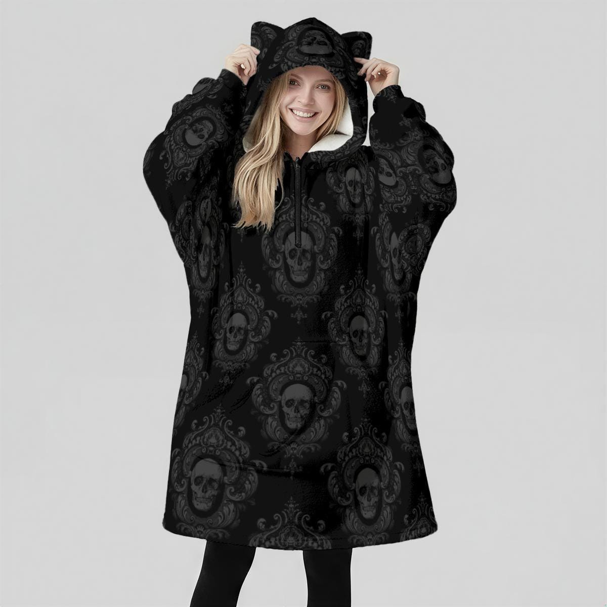 Cat Ear Hoodie Dress, Skull Damask Oversized Goth Hoodie, Cozy Alternative Loungewear
