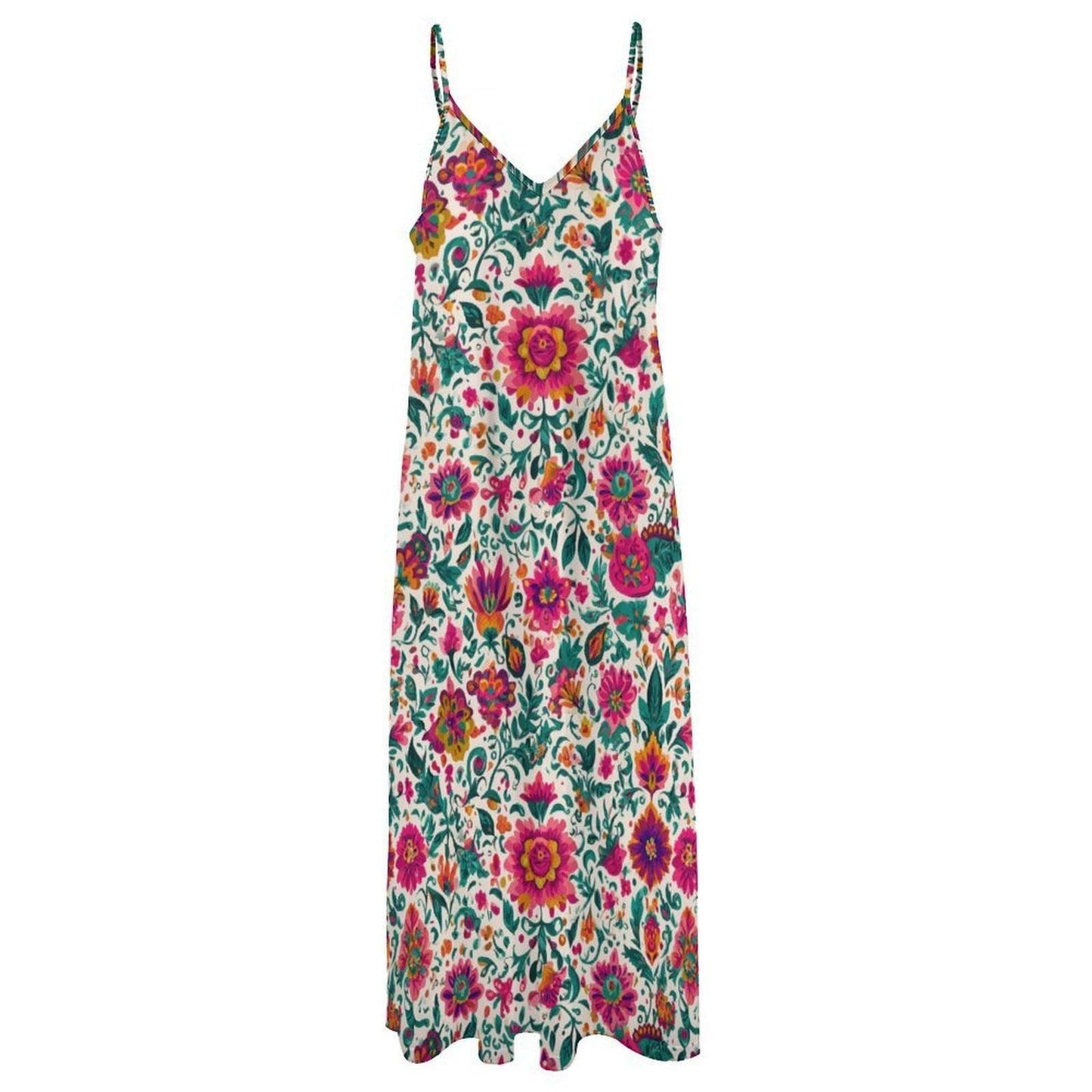 Boho Floral Maxi Dress for Vacation, Folk Art Sundress in Bright Summer Print