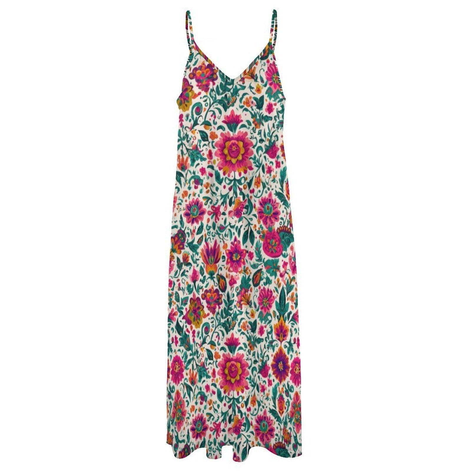 Boho Floral Maxi Dress for Vacation, Folk Art Sundress in Bright Summer Print
