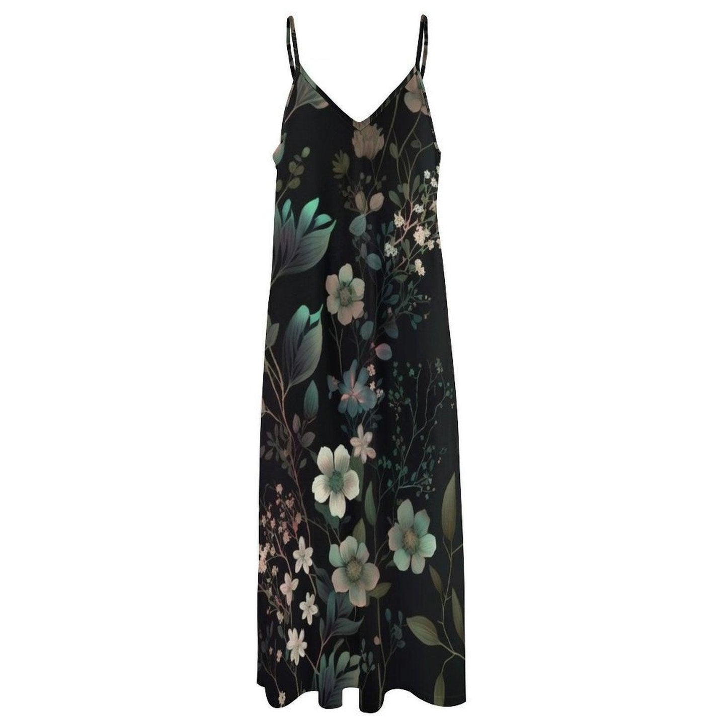Dark Floral Maxi Dress, Botanical Slip Sundress, Midnight Garden Vacation Dress, Romantic Evening Outfit
