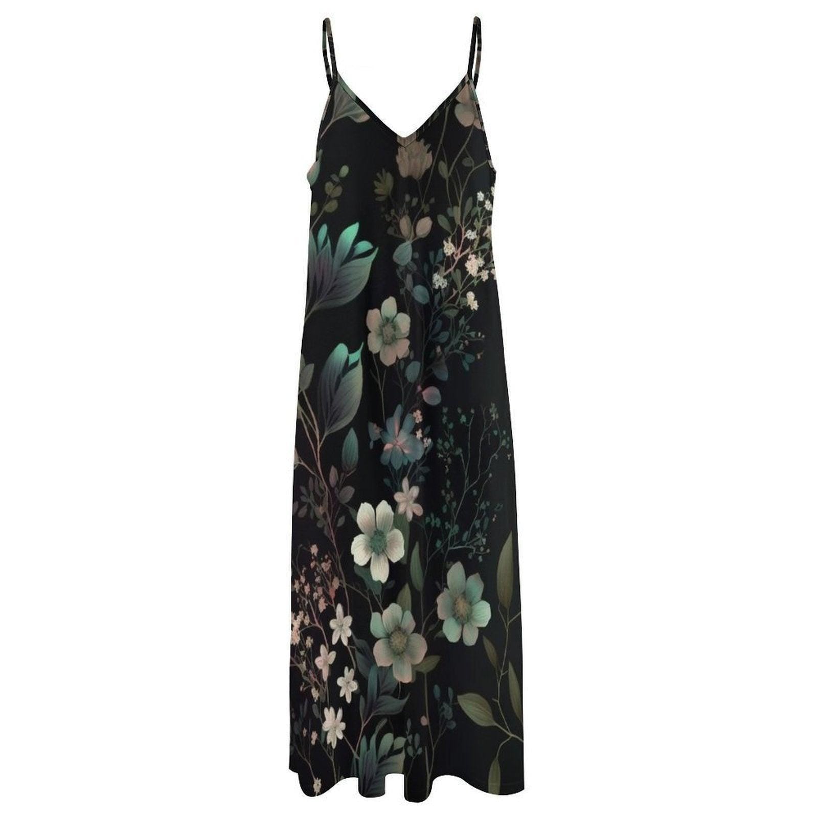 Dark Floral Maxi Dress, Botanical Slip Sundress, Midnight Garden Vacation Dress, Romantic Evening Outfit