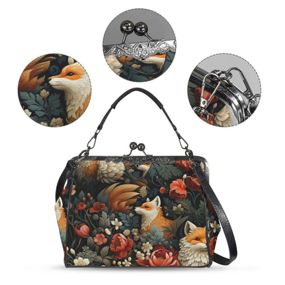 Fox Floral Kiss Lock Bag, Woodland Frame Purse, Cottagecore Top Handle Handbag