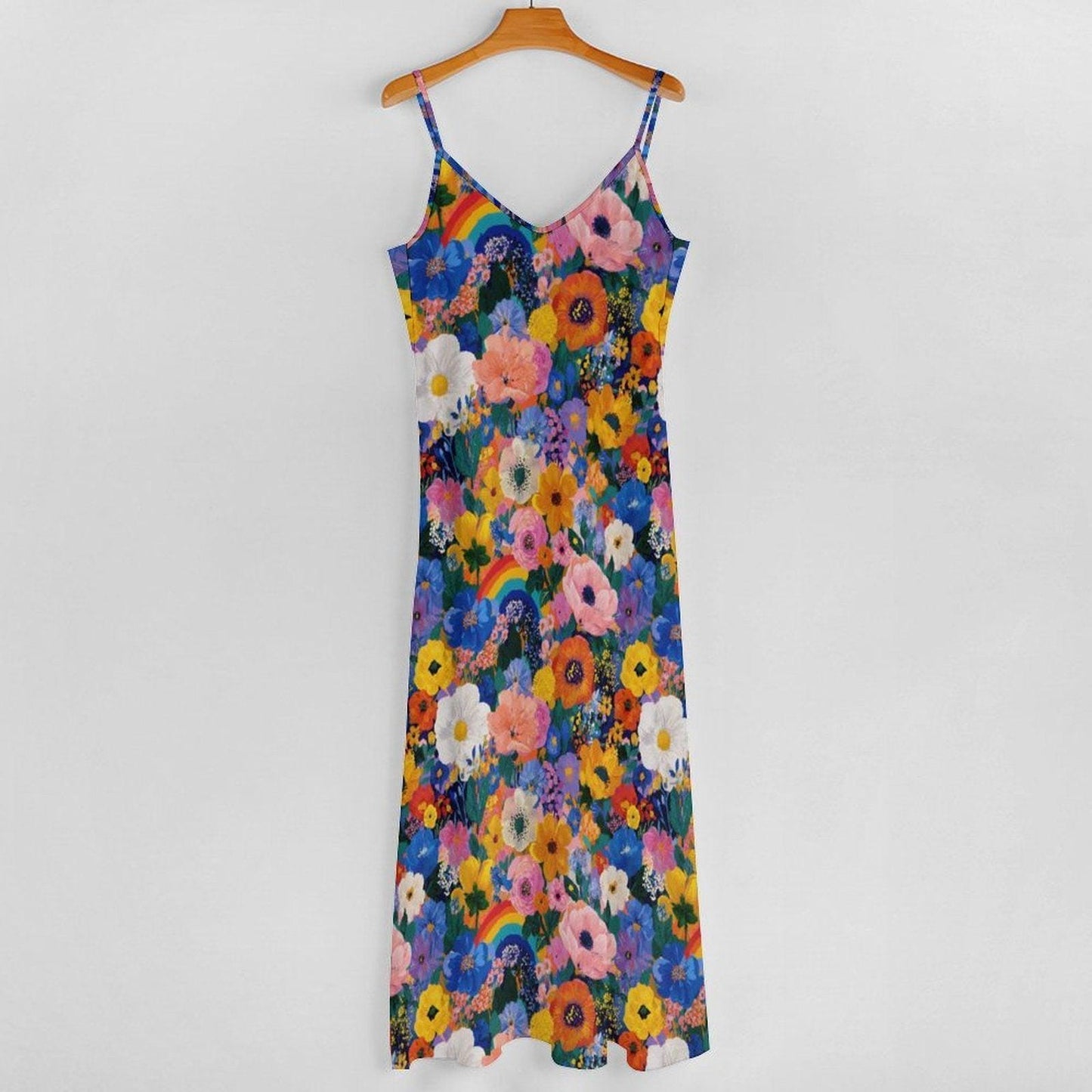 Rainbow Floral Maxi Dress, Colorful Boho Sundress, Garden Party Slip Dress