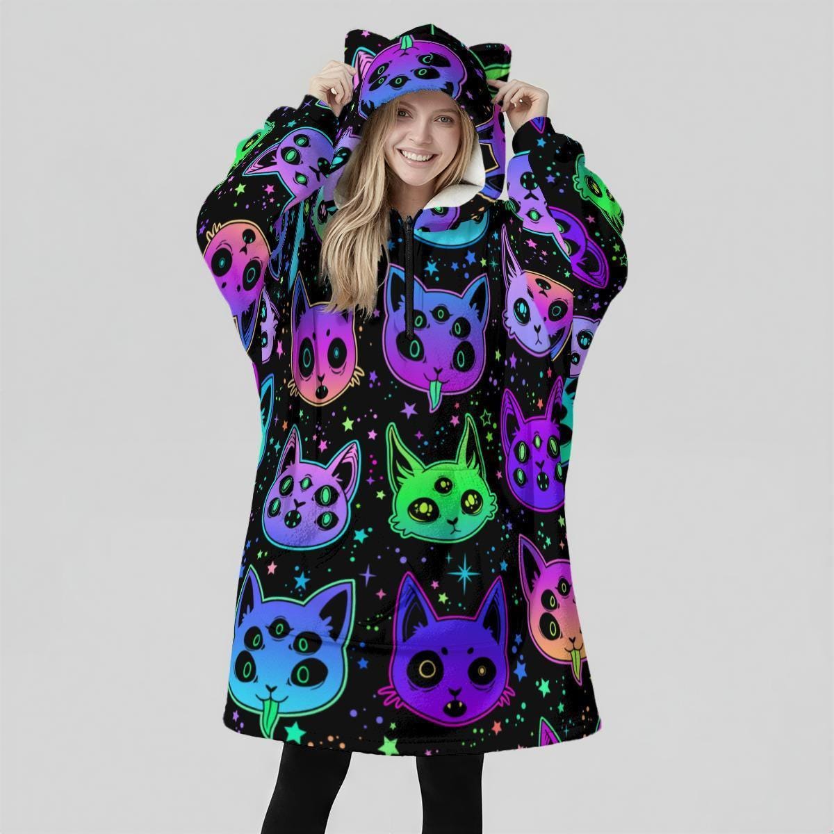Wearable Blanket Hoodie, Neon Cat Hooded Blanket, Oversized Kawaii Lounger