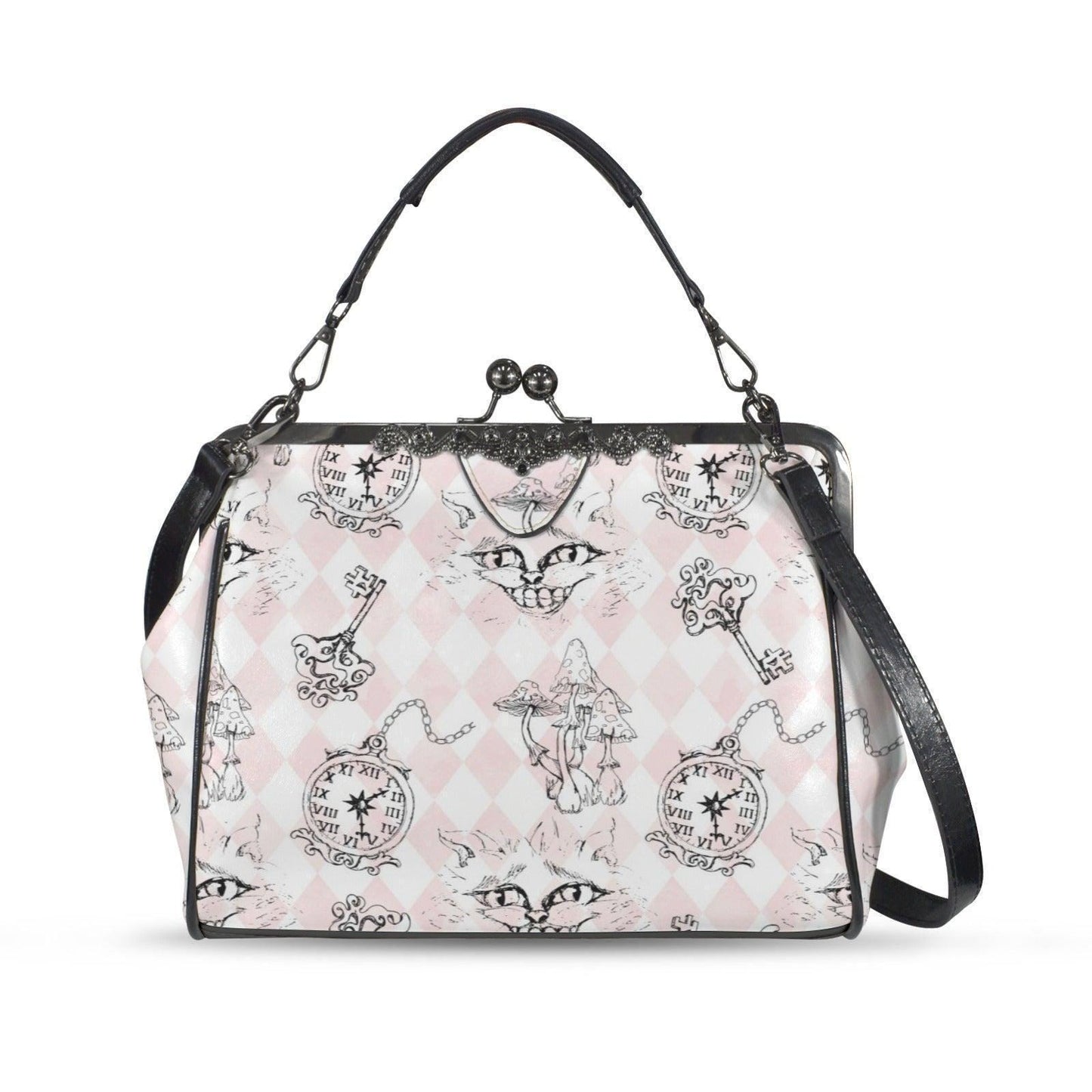 Kiss Lock Cat Handbag, Pastel Gothic Purse, Pink Harlequin Top Handle Bag