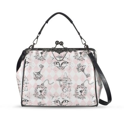Kiss Lock Cat Handbag, Pastel Gothic Purse, Pink Harlequin Top Handle Bag