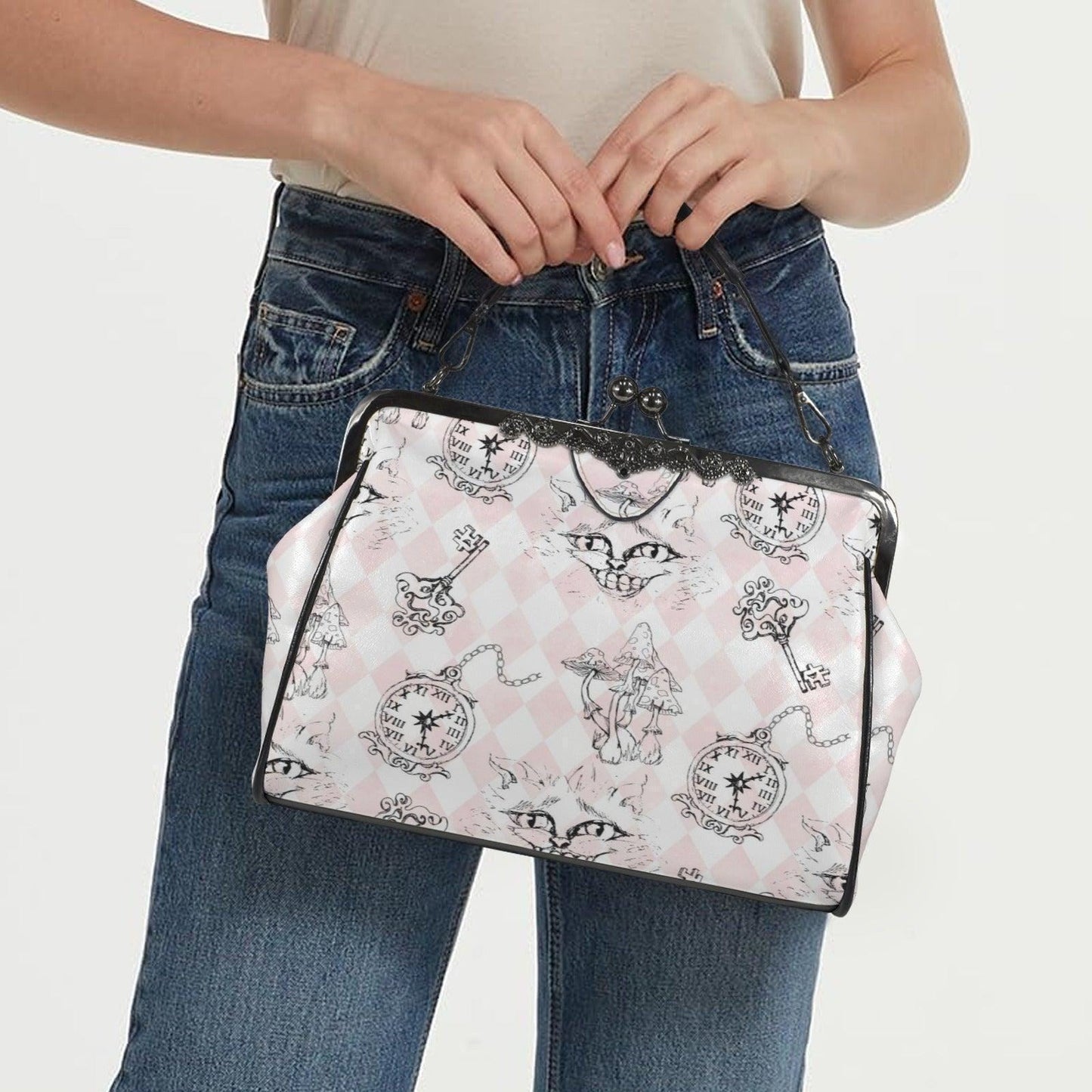 Kiss Lock Cat Handbag, Pastel Gothic Purse, Pink Harlequin Top Handle Bag