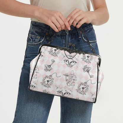 Kiss Lock Cat Handbag, Pastel Gothic Purse, Pink Harlequin Top Handle Bag