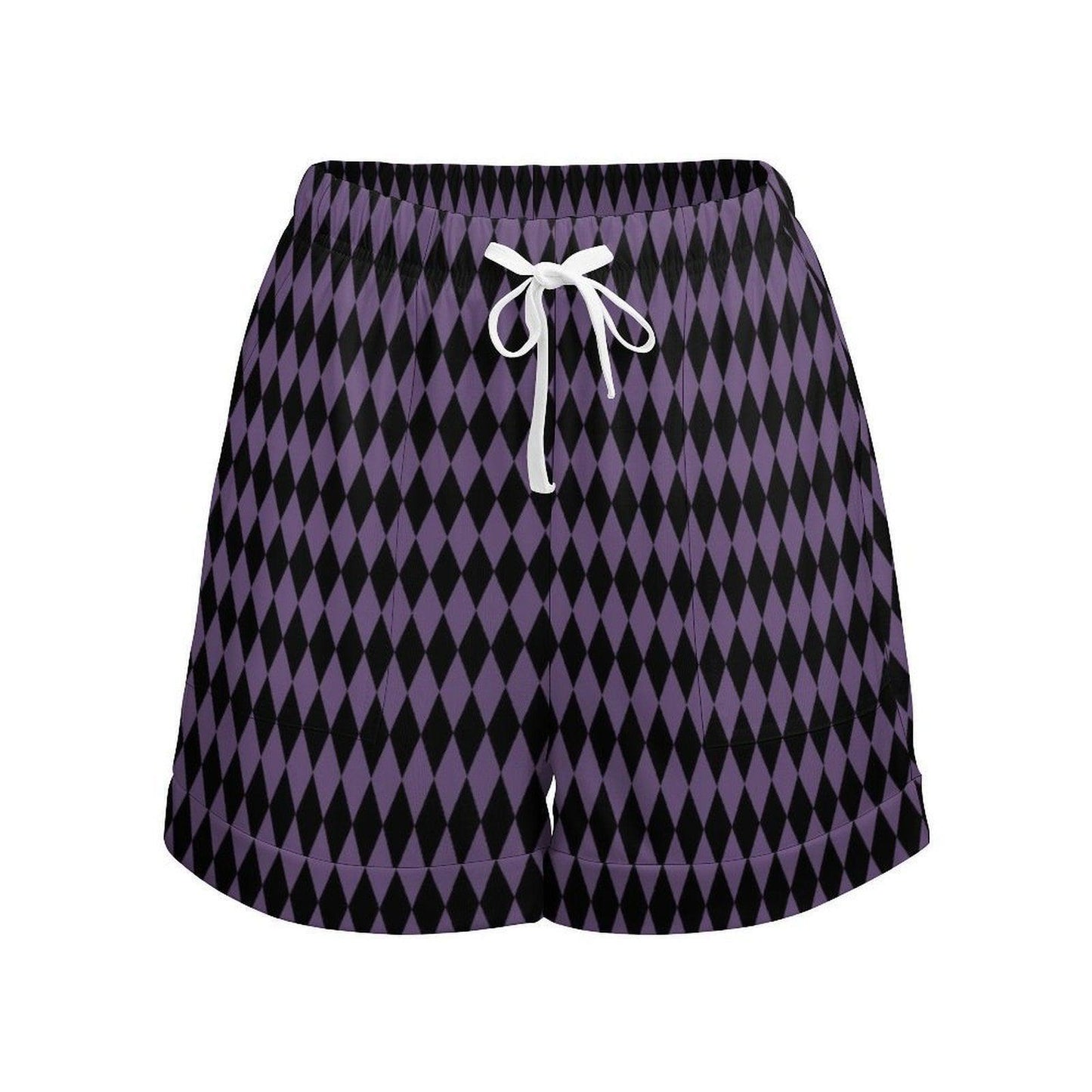 Harlequin Lounge Shorts, Purple Diamond Pajama Bottoms, Gothic Drawstring Sleep Shorts