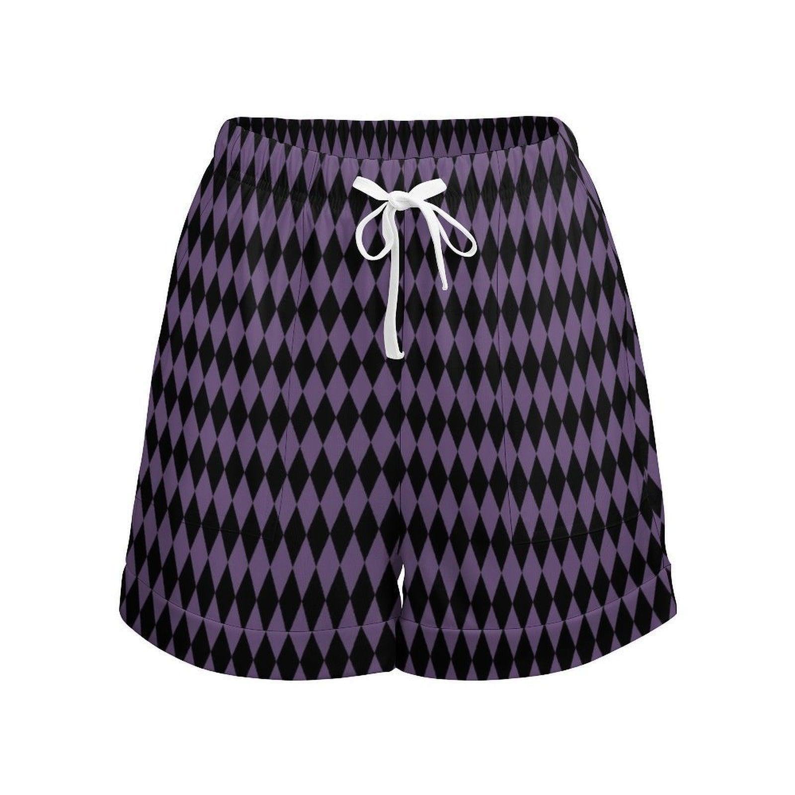 Harlequin Lounge Shorts, Purple Diamond Pajama Bottoms, Gothic Drawstring Sleep Shorts