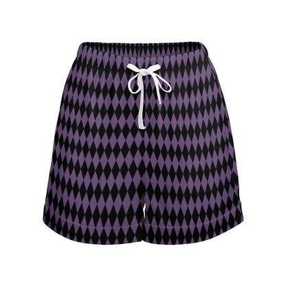 Harlequin Lounge Shorts, Purple Diamond Pajama Bottoms, Gothic Drawstring Sleep Shorts