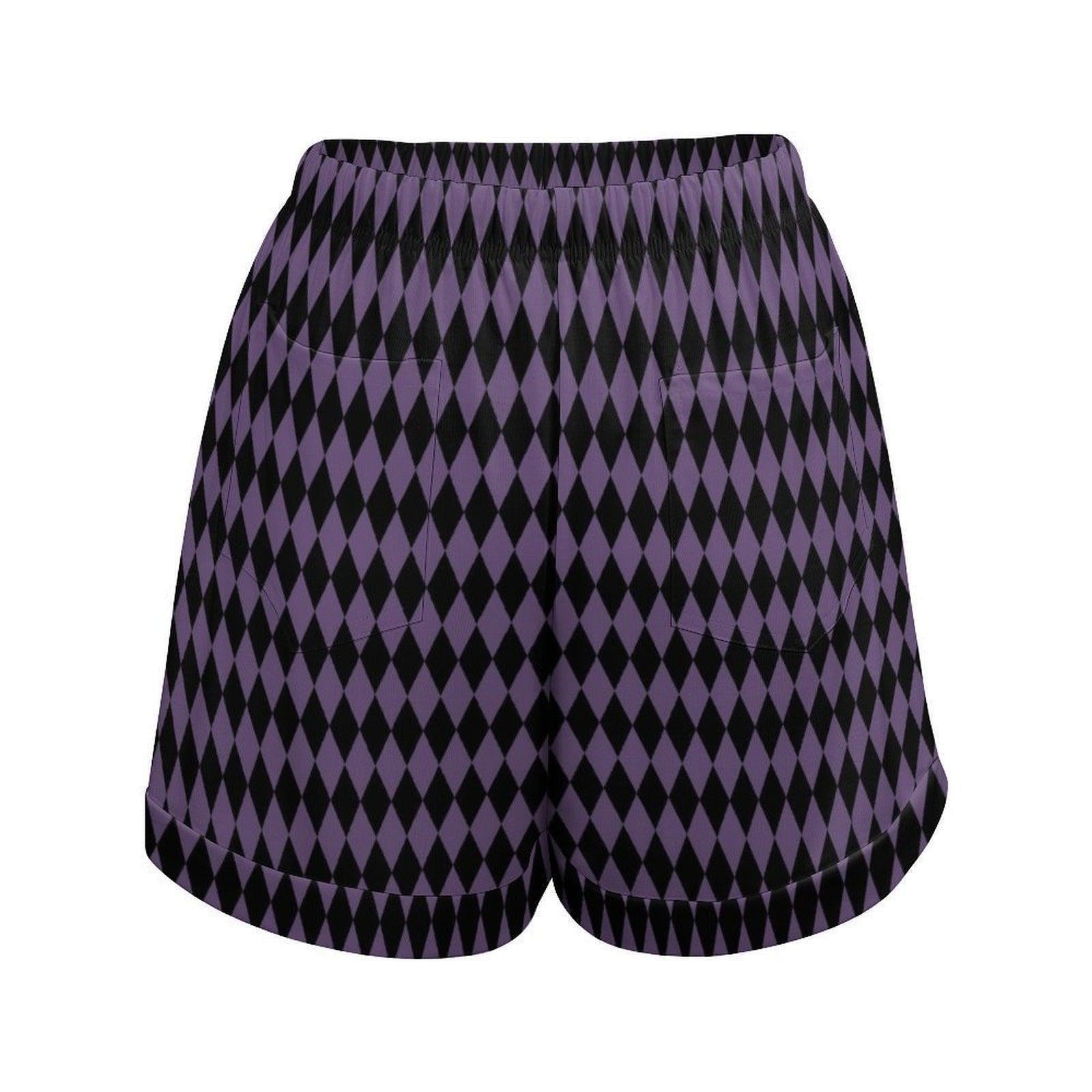 Harlequin Lounge Shorts, Purple Diamond Pajama Bottoms, Gothic Drawstring Sleep Shorts
