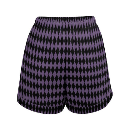 Harlequin Lounge Shorts, Purple Diamond Pajama Bottoms, Gothic Drawstring Sleep Shorts