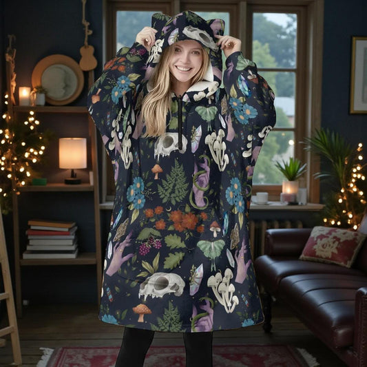Hooded Wearable Blanket, Dark Cottagecore Fleece Lounger, Woodland Gothic Gift