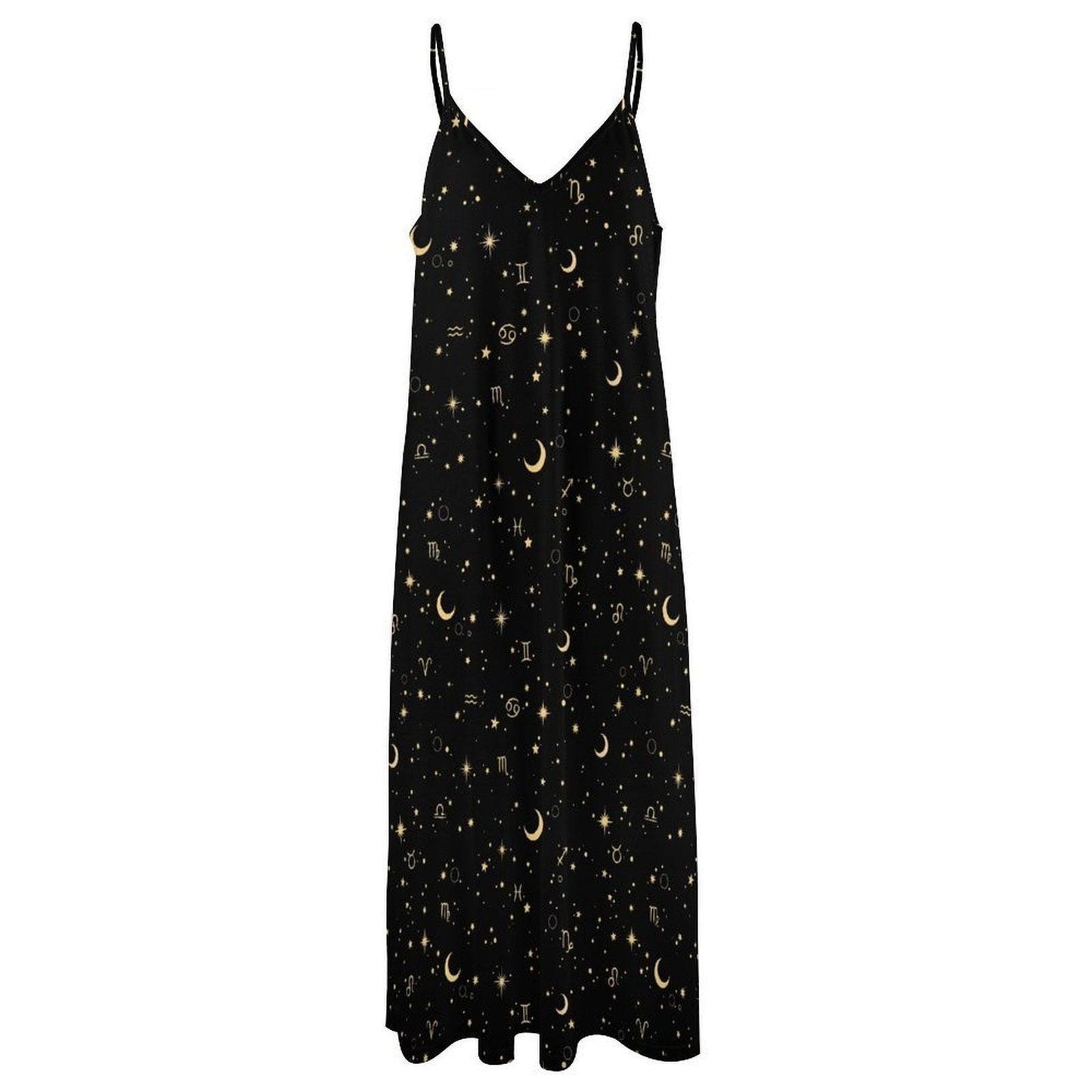 Astrology Maxi Dress, Zodiac Sign Slip Gown, Celestial Moon Star Boho Vacation Dress