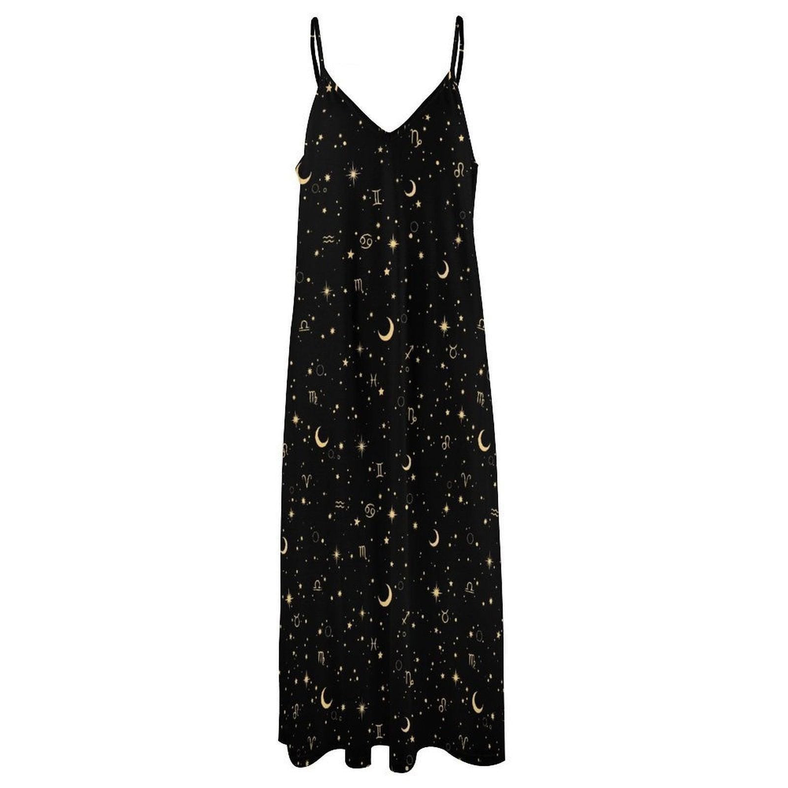 Astrology Maxi Dress, Zodiac Sign Slip Gown, Celestial Moon Star Boho Vacation Dress