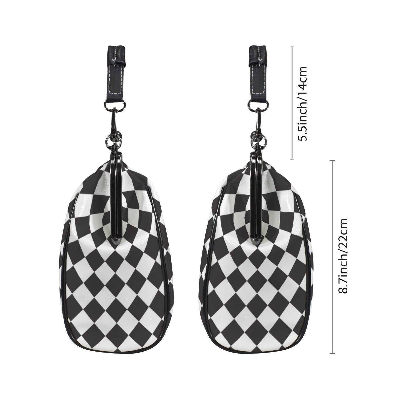 Harlequin Diamond Kisslock Handbag, Black White Frame Purse, Retro Wonderland Top Handle Bag