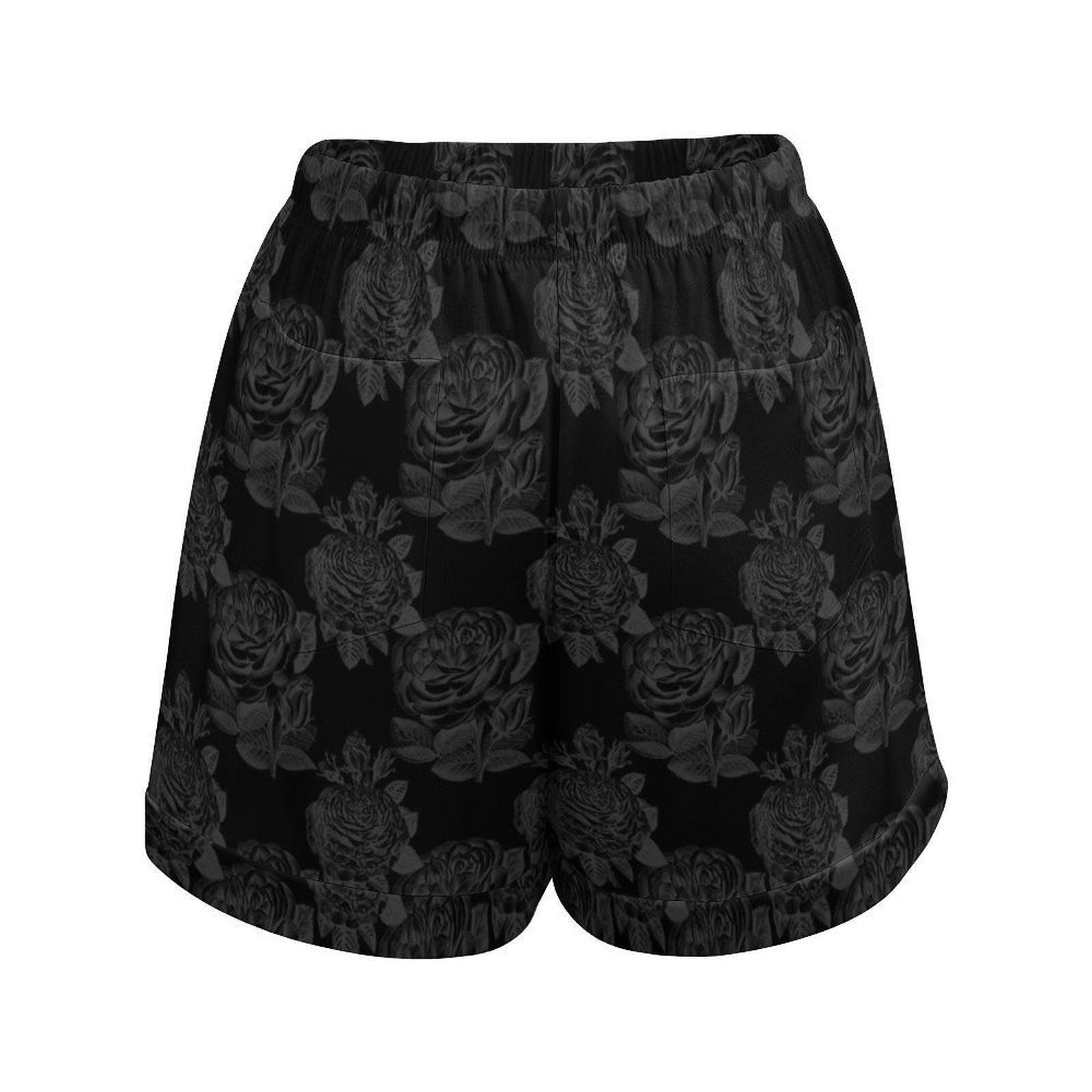 Black Rose Lounge Shorts Gothic Floral Drawstring Summer Shorts for Women
