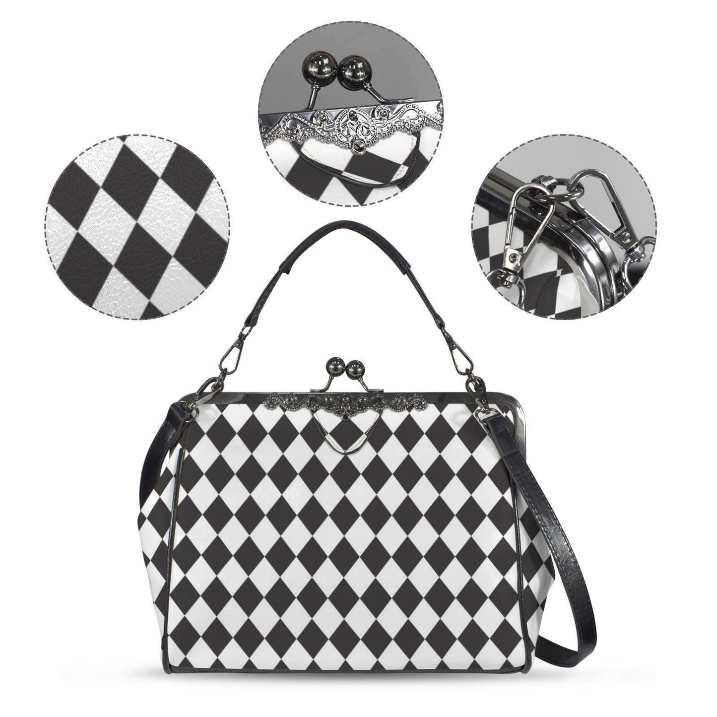 Harlequin Diamond Kisslock Handbag, Black White Frame Purse, Retro Wonderland Top Handle Bag