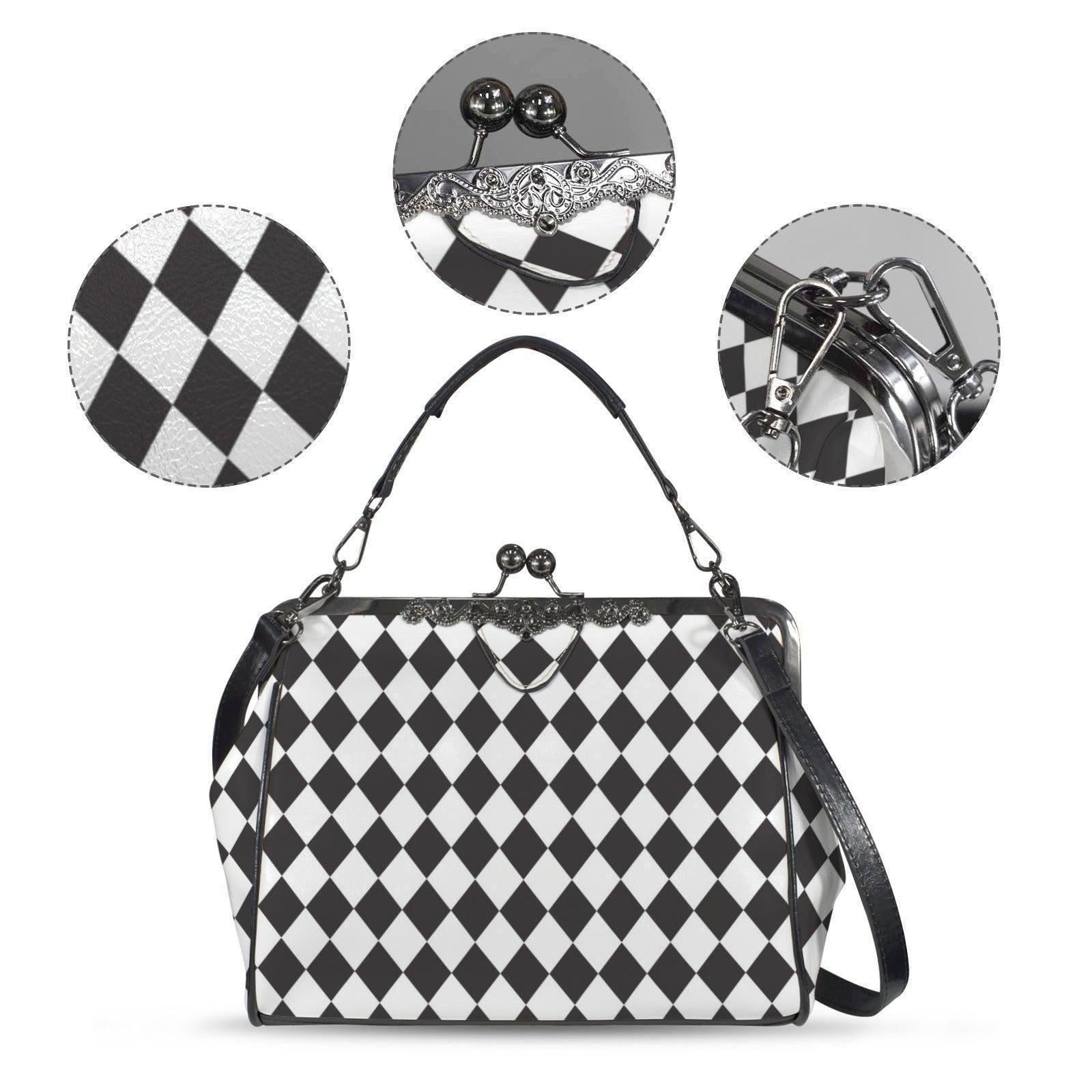 Harlequin Diamond Kisslock Handbag, Black White Frame Purse, Retro Wonderland Top Handle Bag