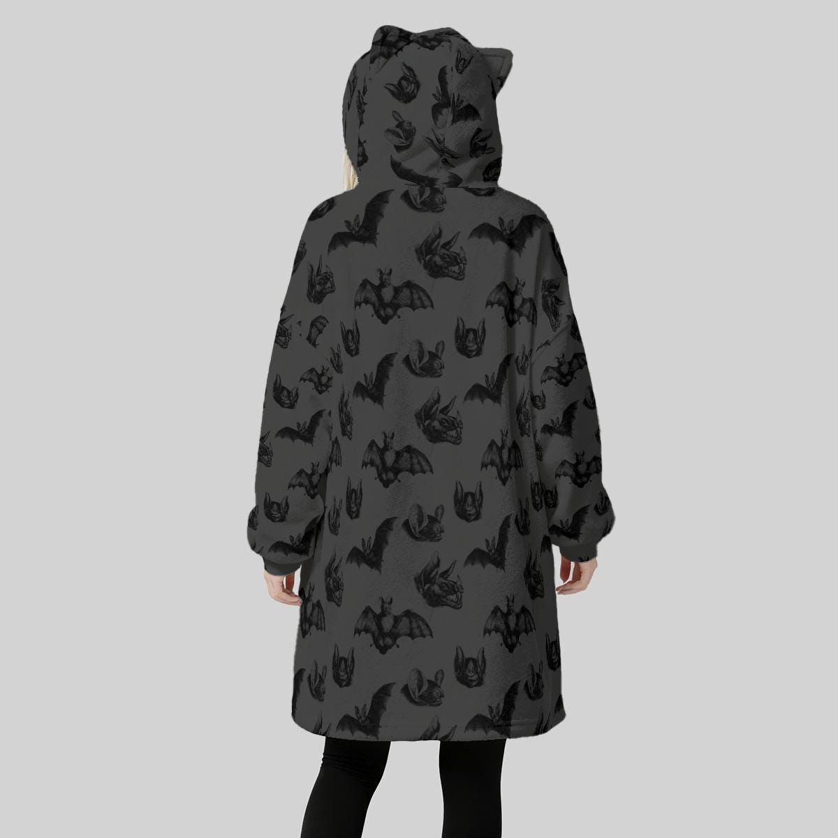 Bat hooded blanket, cat ear wearable hoodie, spooky lounge hoodie, charcoal Halloween snuggle gift