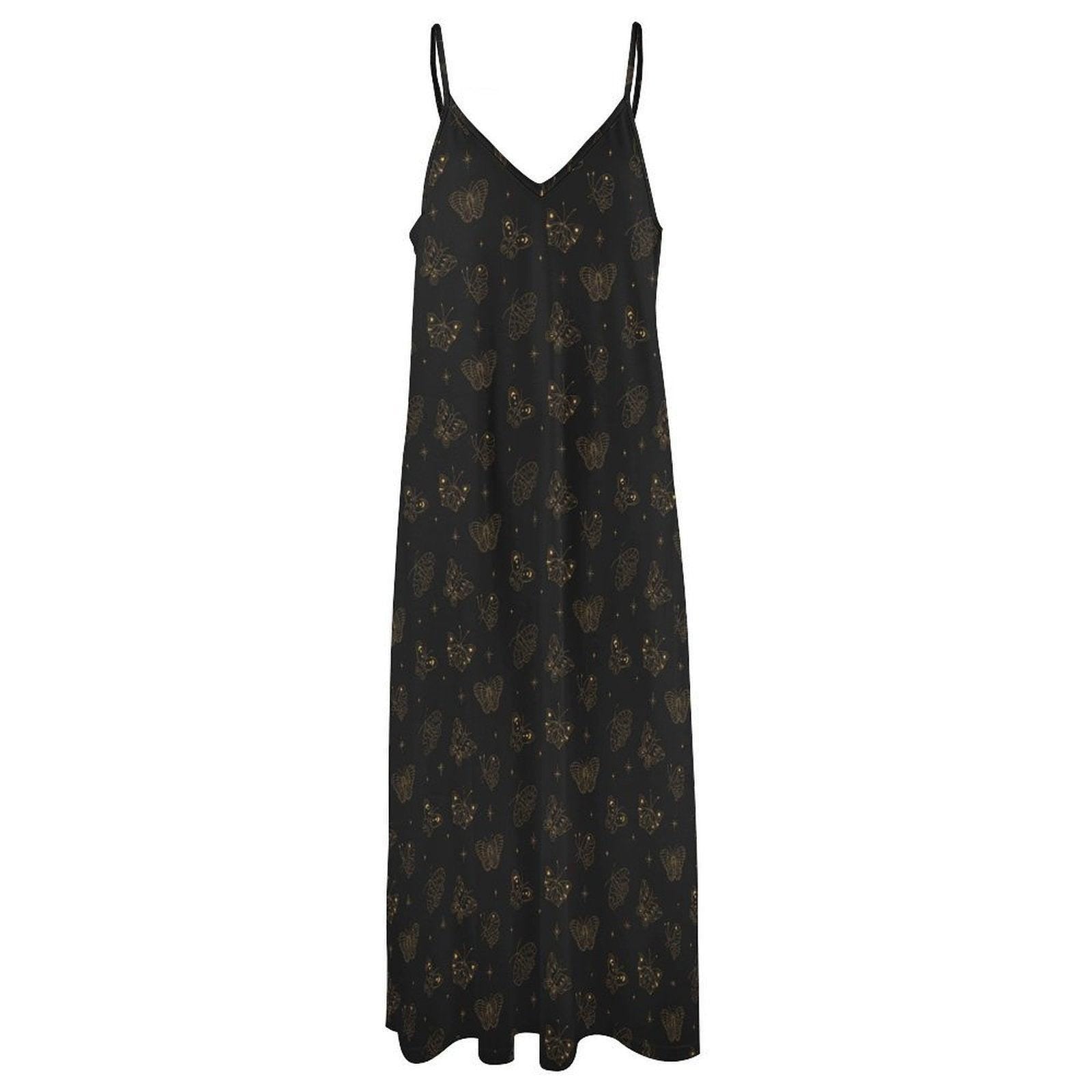Celestial Butterfly Maxi Dress, Black Moth Slip Sundress, Boho Floral Vacation Outfit
